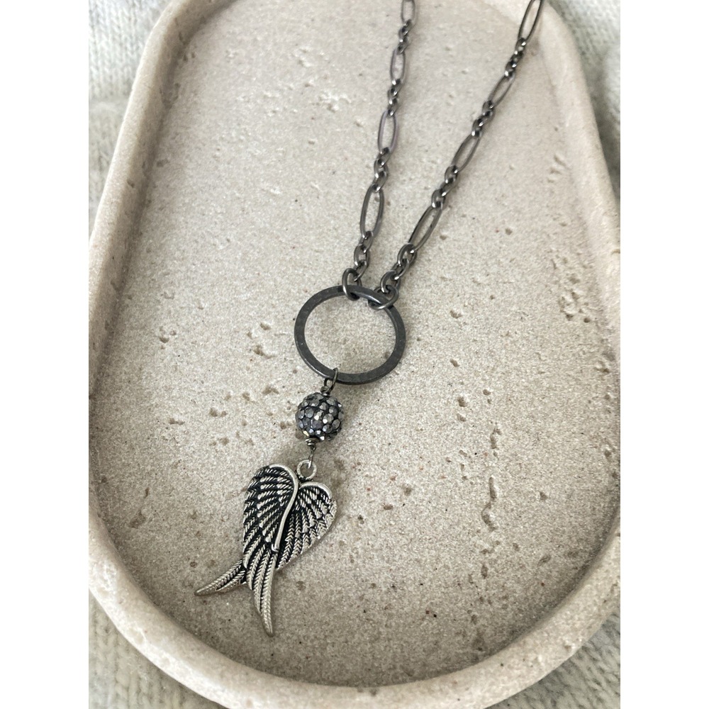 Gunmetal Angel Wing Pendant Necklace Rhinestone Bead Mixed Chain Whimsical